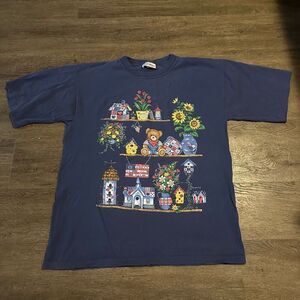 Vtg Single Stitch Blue Country Cottage Bears Graphic T Shirt USA Flag Womens XL